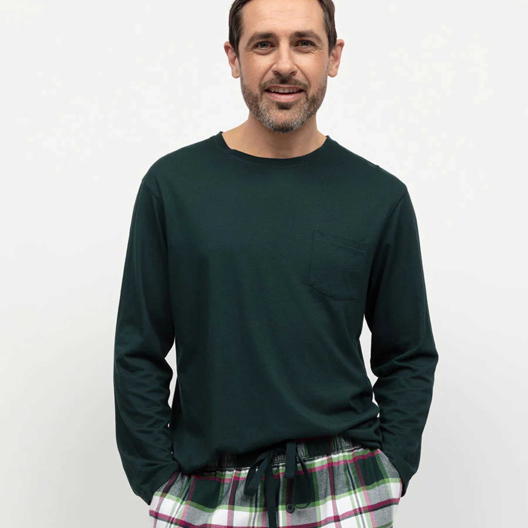 Mens Green Checked Pyjama Bottoms & Jersey T-Shirt Set